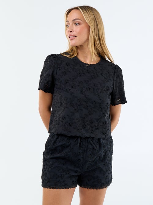 Korte short met Engels borduurwerk van effen katoen - Kiabi