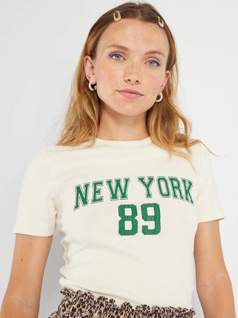 Korte T-shirt met collegeprint WIT - Kiabi