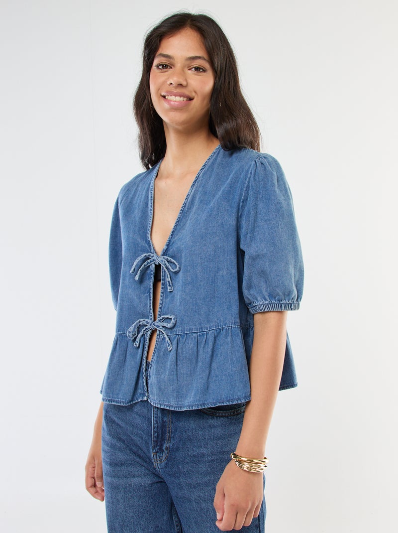 Korte top/vestje van spijkerstof met strikkoordje Blauw - Kiabi