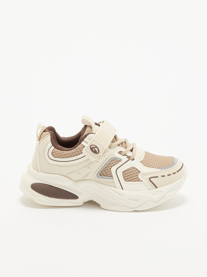 Lage sneakers met klittenbandsluiting + elastische veters Biege - Kiabi