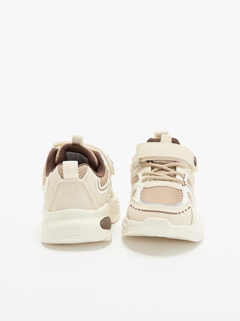Lage sneakers met klittenbandsluiting + elastische veters Biege - Kiabi