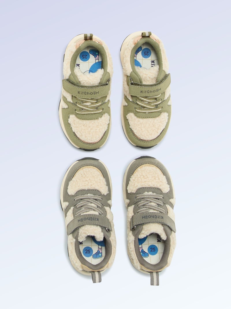 Lage sneakers van suède-look stof en met schapenvachteffect Kaki - Kiabi