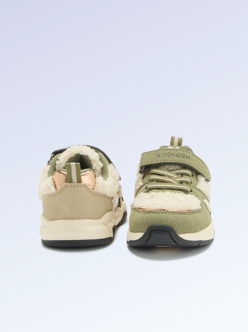 Lage sneakers van suèdelook en met schapenvachteffect Kaki - Kiabi
