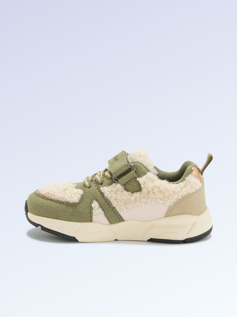Lage sneakers van suèdelook en met schapenvachteffect Kaki - Kiabi