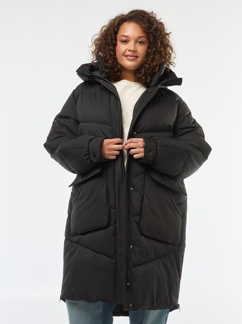 Lang doorgestikt donsjack met capuchon en zakken met fleecevoering - Kiabi