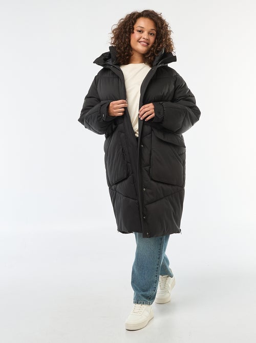 Lang doorgestikt donsjack met capuchon en zakken met fleecevoering - Kiabi