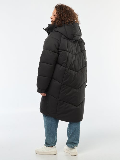 Lang doorgestikt donsjack met capuchon en zakken met fleecevoering - Kiabi