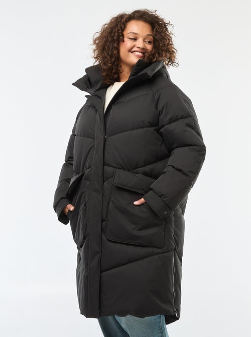 Lang doorgestikt donsjack met capuchon en zakken met fleecevoering - Kiabi