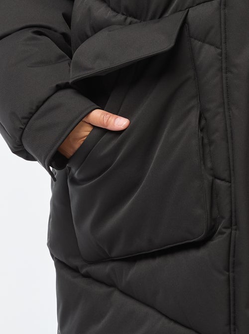 Lang doorgestikt donsjack met capuchon en zakken met fleecevoering - Kiabi