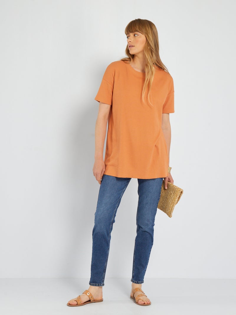 Lang geribd T-shirt ORANJE - Kiabi