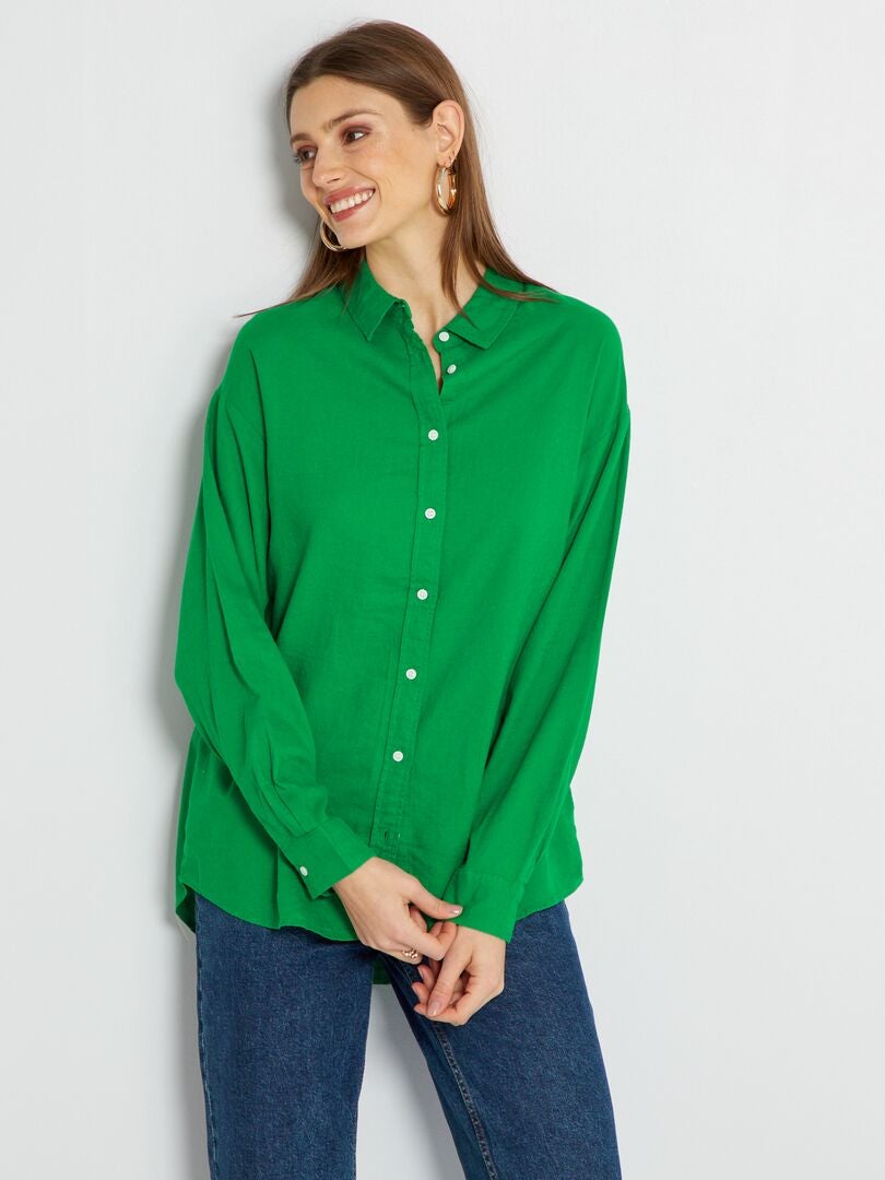 Lang overhemd van effen linnen groen - Kiabi
