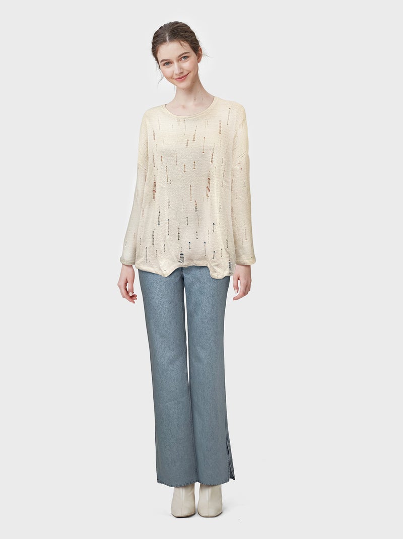 Lang T-shirt met lange mouw en perforaties BIEGE - Kiabi