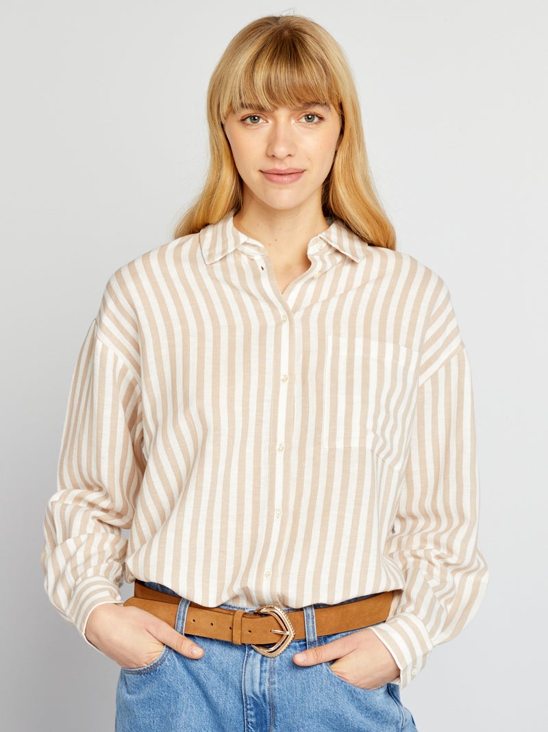 Lange blouse met borstzakje - 20% linnen BIEGE - Kiabi