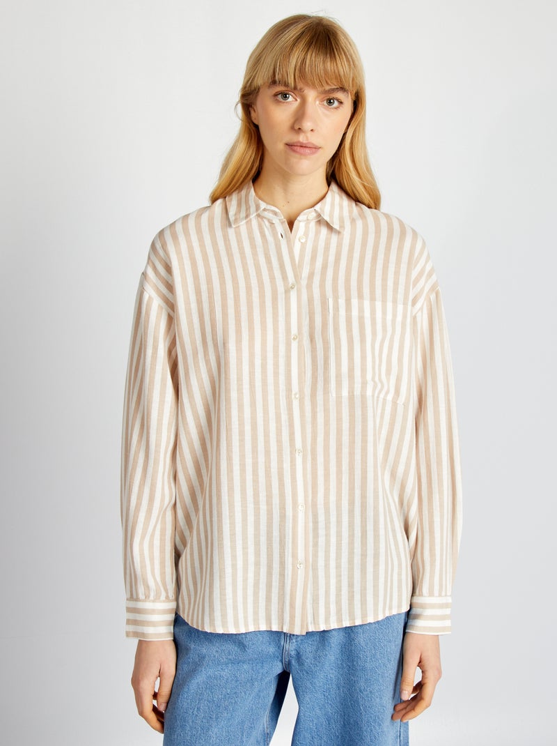Lange blouse met borstzakje - 20% linnen BIEGE - Kiabi