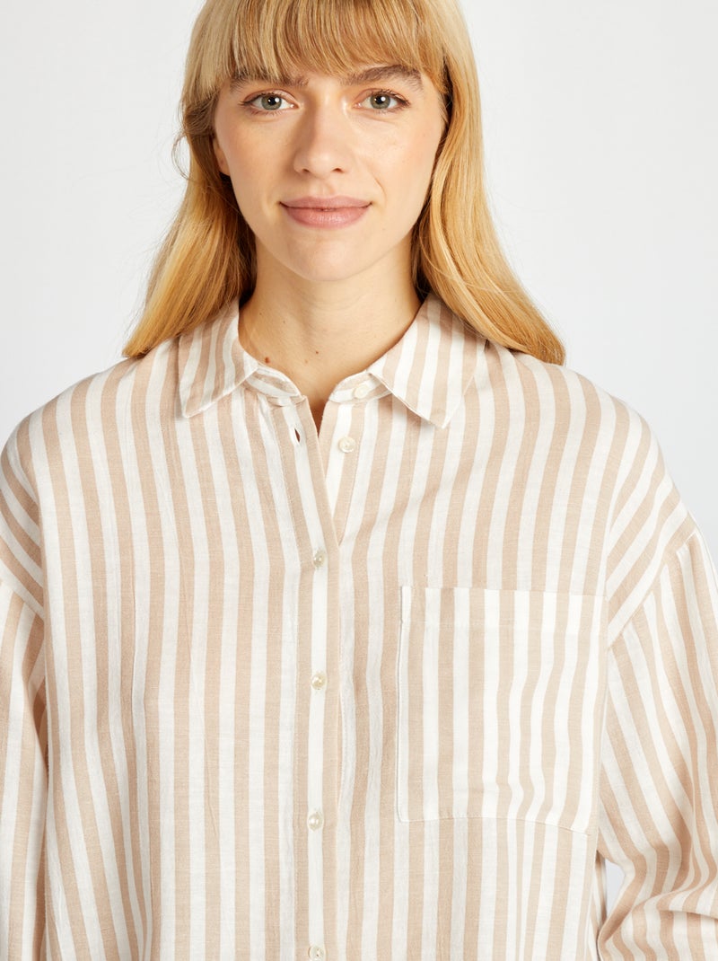 Lange blouse met borstzakje - 20% linnen BIEGE - Kiabi