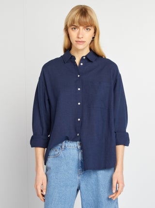 Lange blouse met borstzakje - 20% linnen