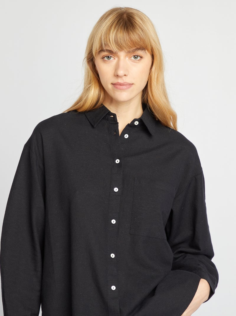 Lange blouse met borstzakje - 20% linnen zwart - Kiabi