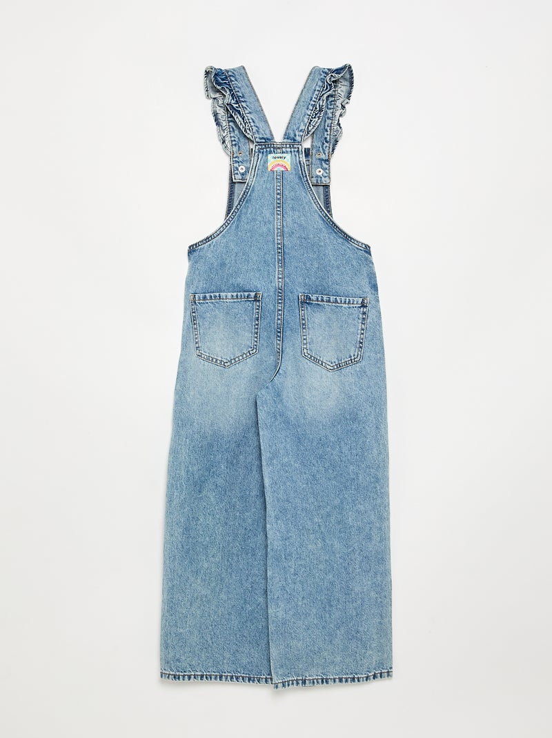 Lange denim tuinbroek met ruches aan de schouderbandjes Blauw - Kiabi