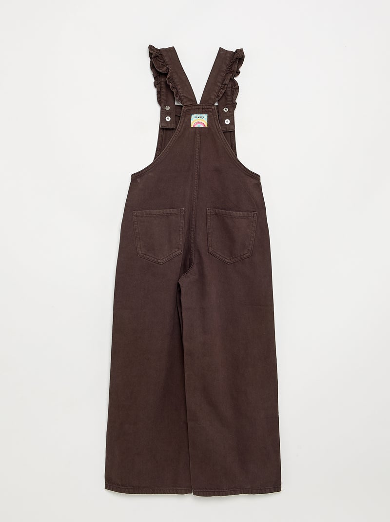 Lange denim tuinbroek met ruches aan de schouderbandjes Bruin - Kiabi