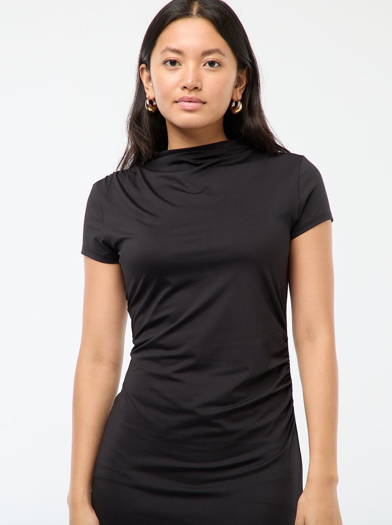 Lange effen jurk met korte mouwen zwart - Kiabi