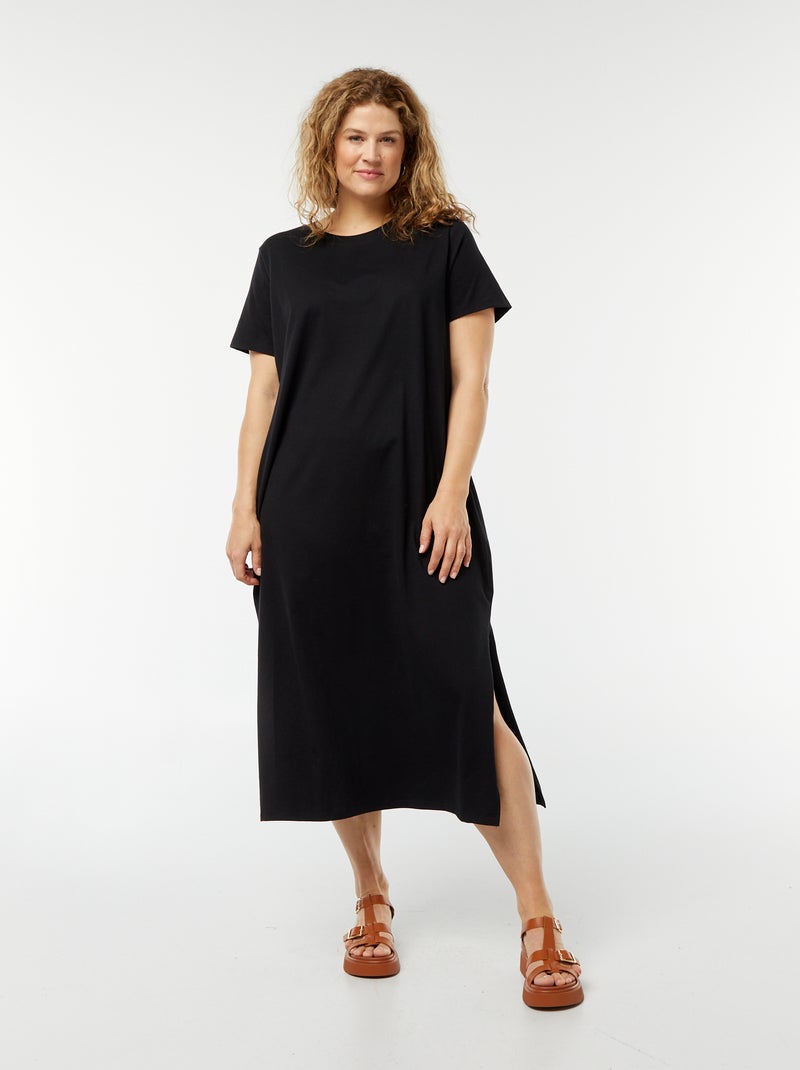 Lange, effen T-shirtjurk met korte mouw zwart - Kiabi