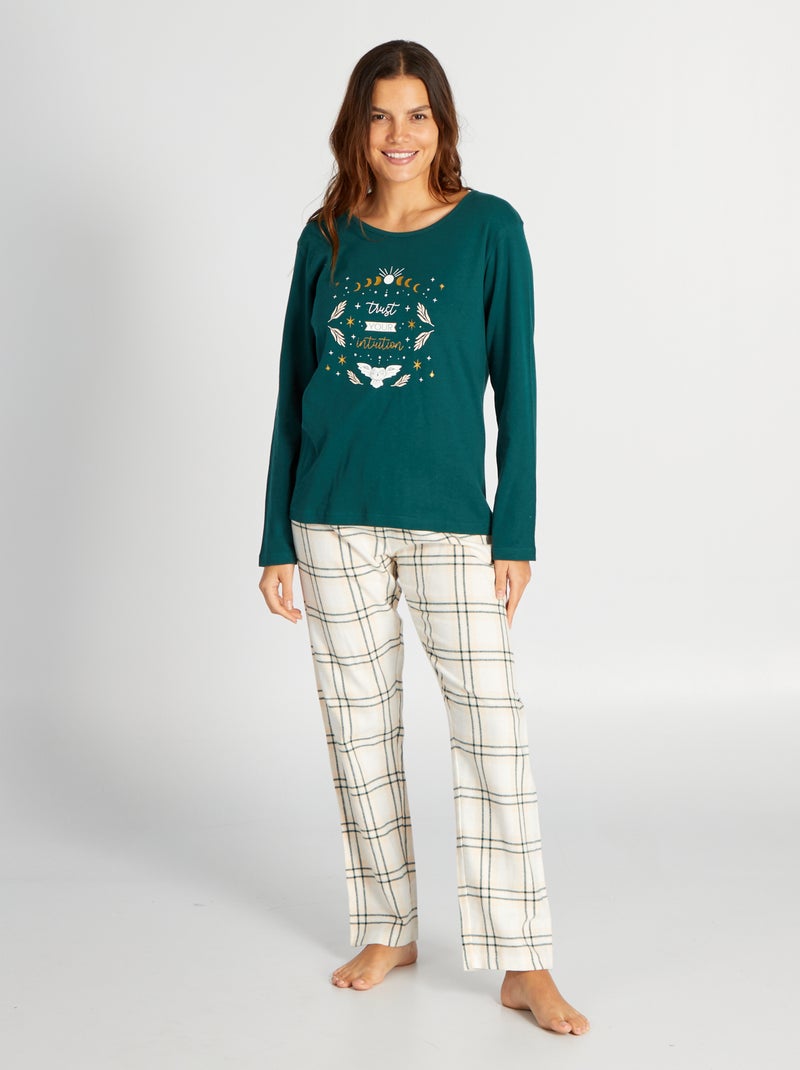 Lange, flanellen pyjama met T-shirt + broek - 2-delig GROEN - Kiabi