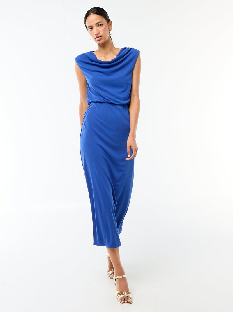 Lange gedrapeerde jurk met watervalhals Blauw - Kiabi