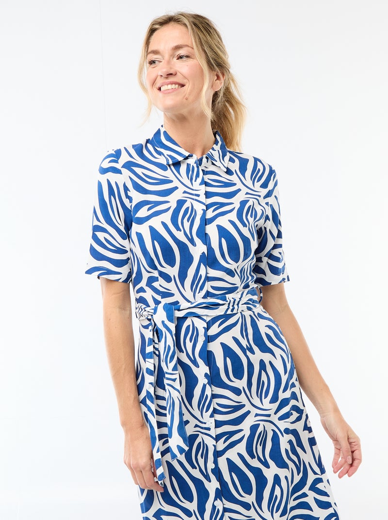 Lange hemdjurk met strikceintuur Blauw - Kiabi