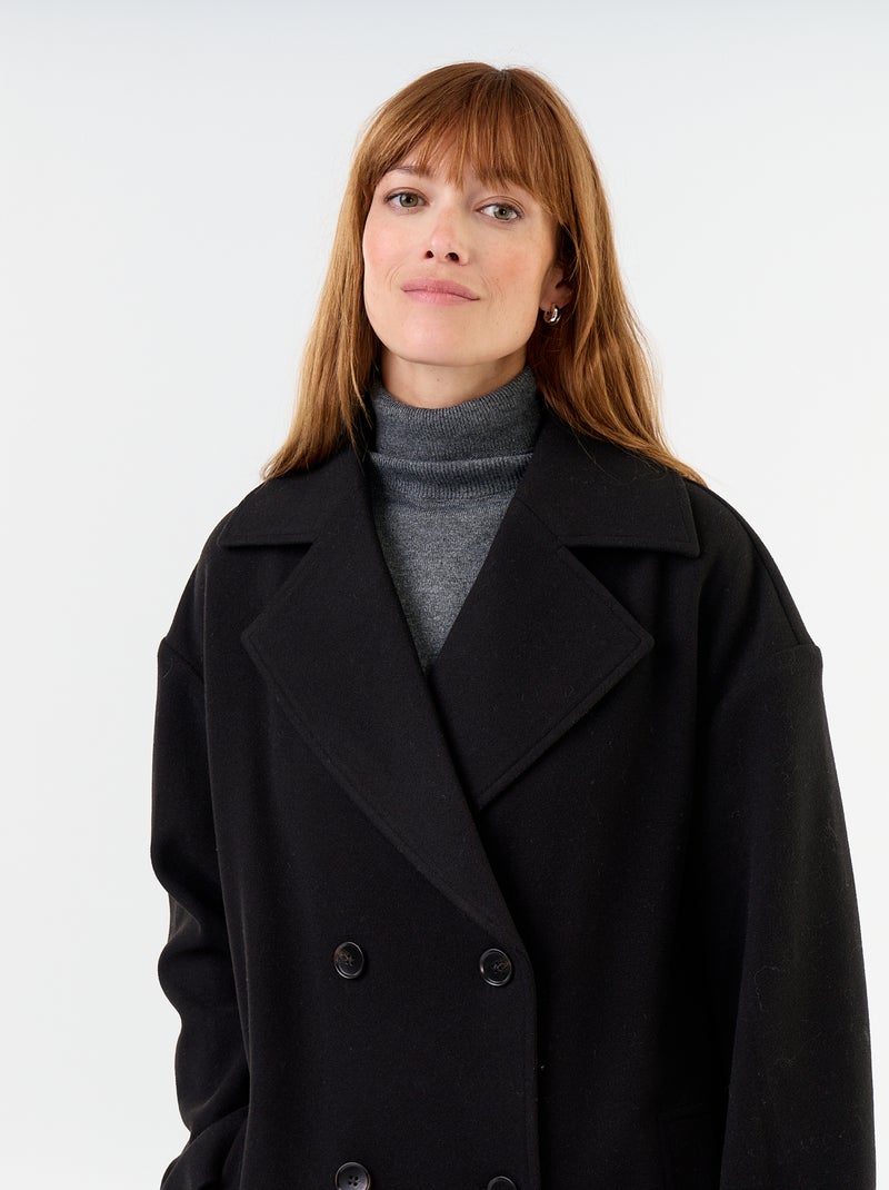 Lange jas met wollook en reverskraag Zwart - Kiabi
