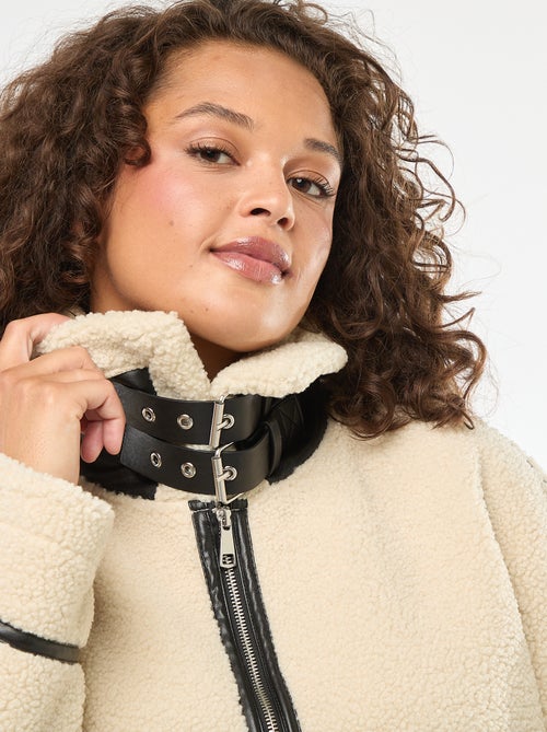 Lange jas van imitatiewol met inzetstukken van imitatieleer - Kiabi