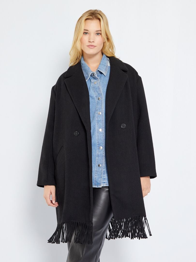 Lange jas van wollen stof met franjes zwart - Kiabi