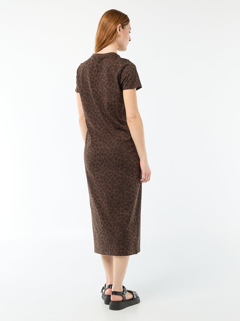 Lange jersey jurk met korte mouwen Bruin - Kiabi
