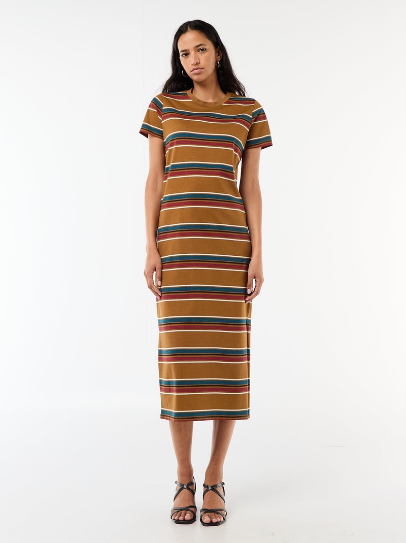 Lange jersey jurk met korte mouwen Bruin - Kiabi