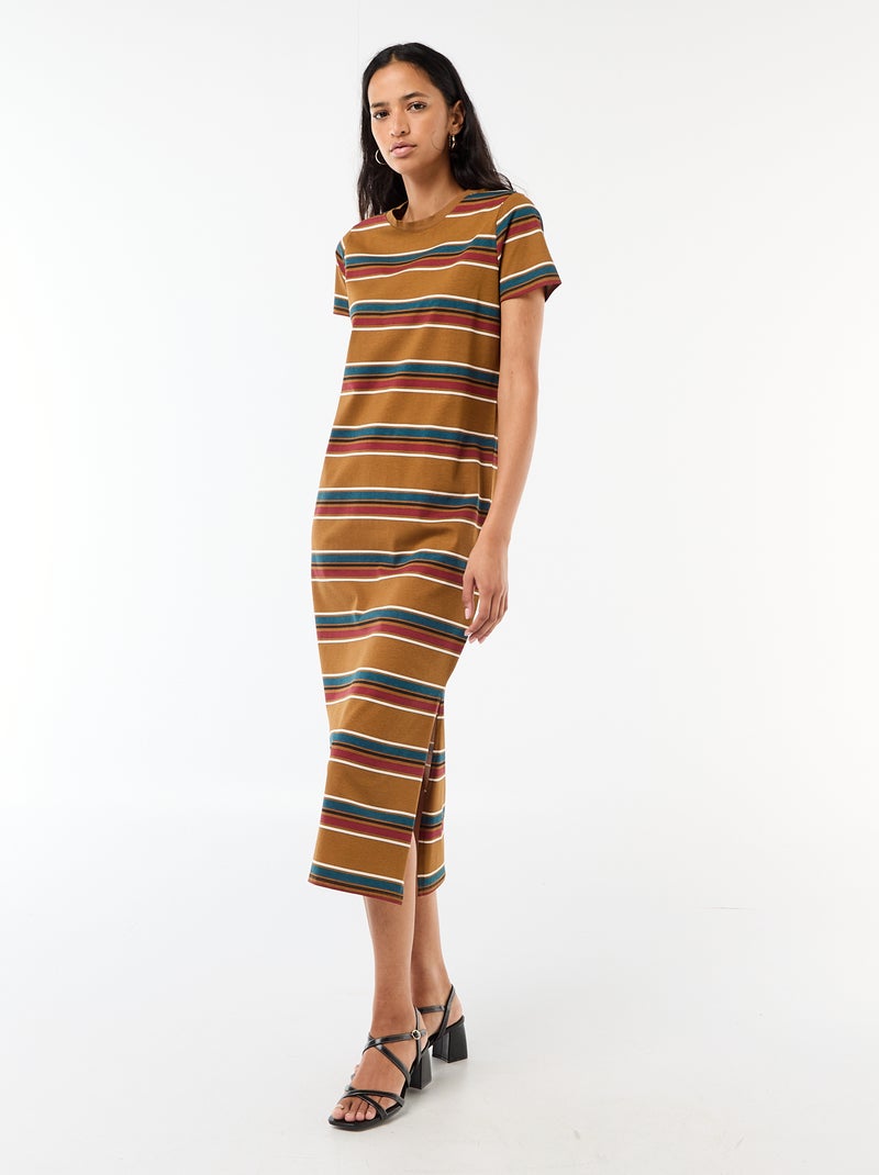 Lange jersey jurk met korte mouwen Bruin - Kiabi