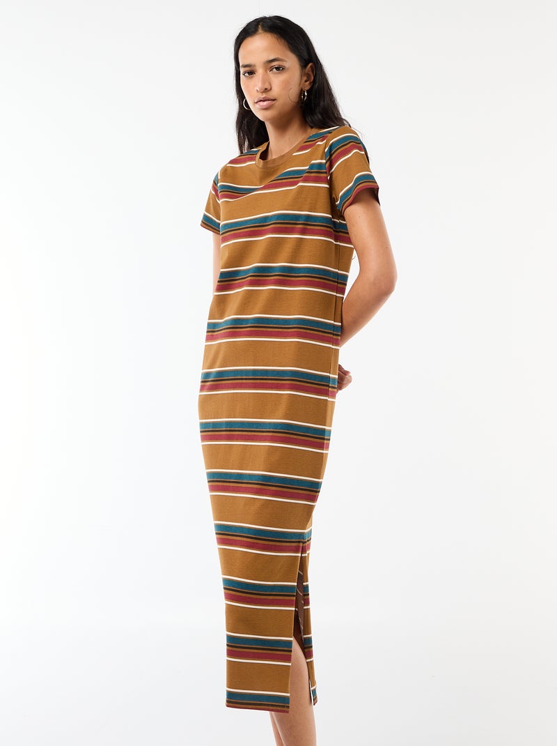 Lange jersey jurk met korte mouwen Bruin - Kiabi
