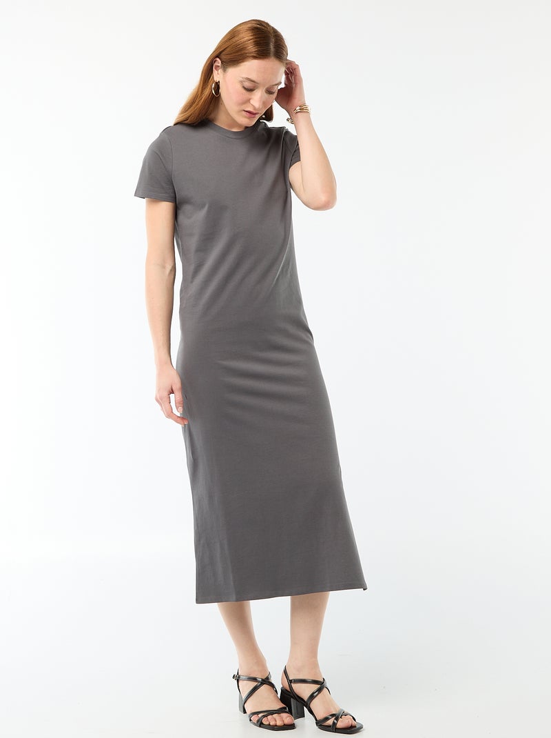 Lange jersey jurk met korte mouwen Grijs - Kiabi