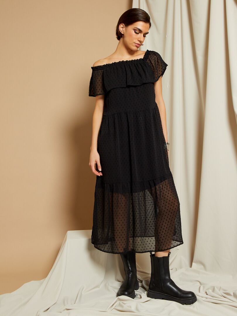 Lange jurk met bardothals en plumetisborduursel zwart - Kiabi