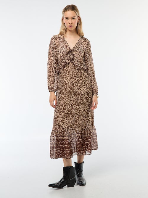 Lange jurk met lange mouw, motiefje en volants - Kiabi