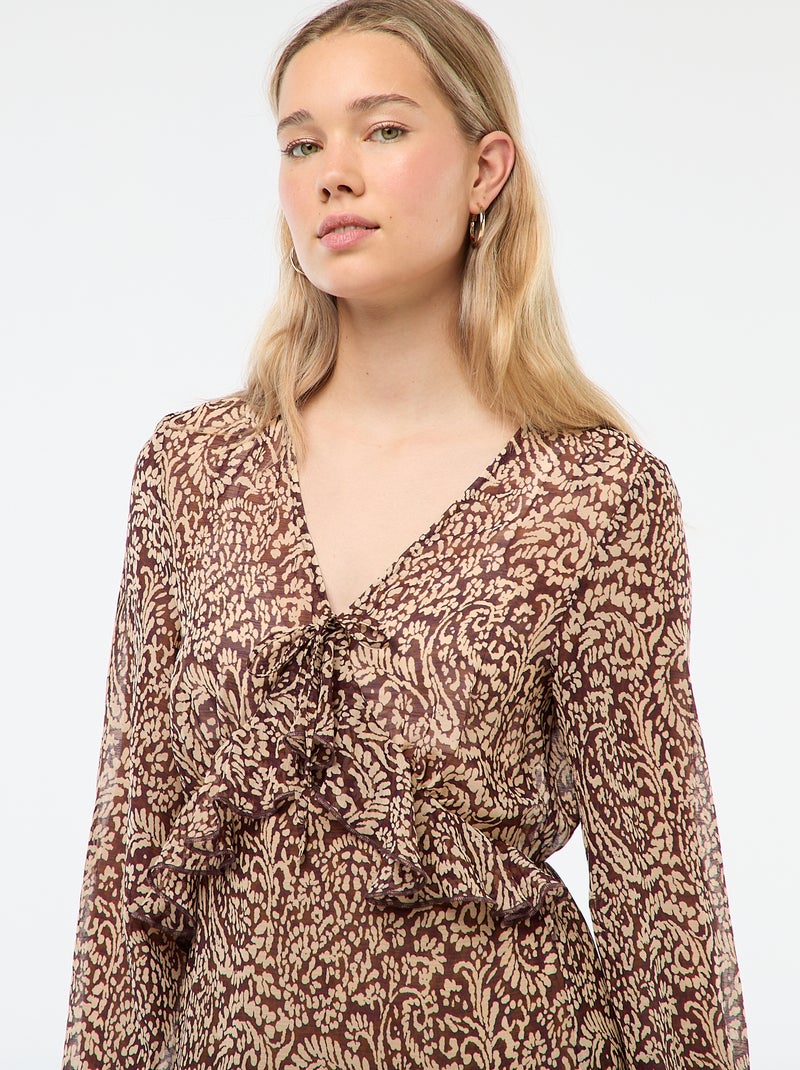 Lange jurk met lange mouw, motiefje en volants Rood - Kiabi