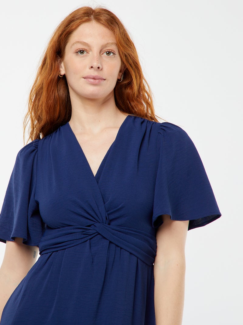 Lange jurk met overslag en strikdetail Blauw - Kiabi