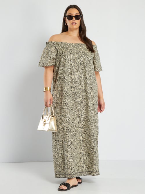Lange jurk met print en bardothals - Kiabi