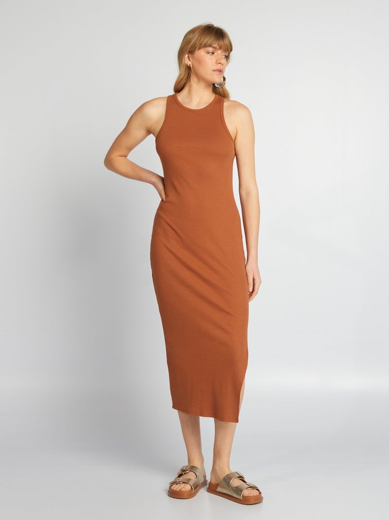 Lange jurk met ribbeltextuur BRUIN - Kiabi