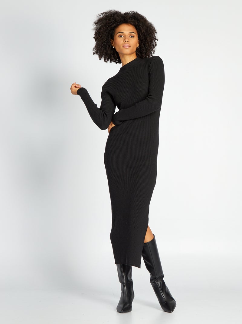 Lange jurk met ribbeltextuur ZWART - Kiabi