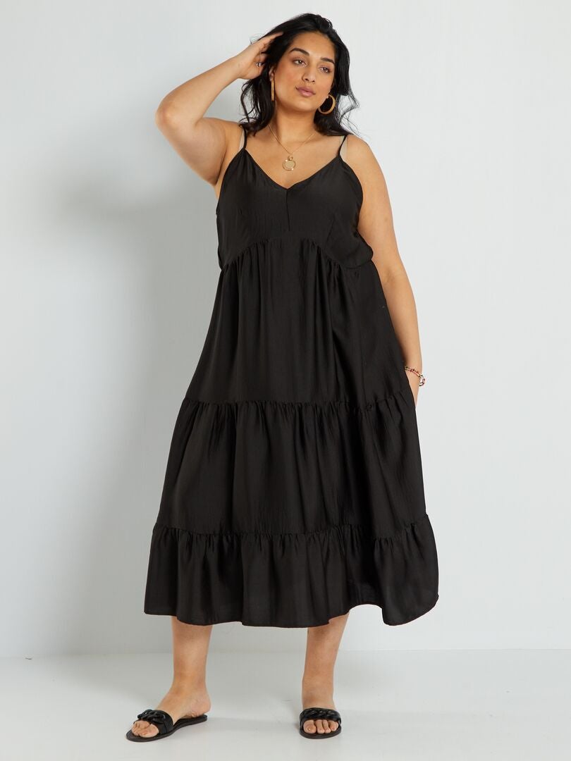 Lange jurk met satijnglans en strokenrok zwart - Kiabi