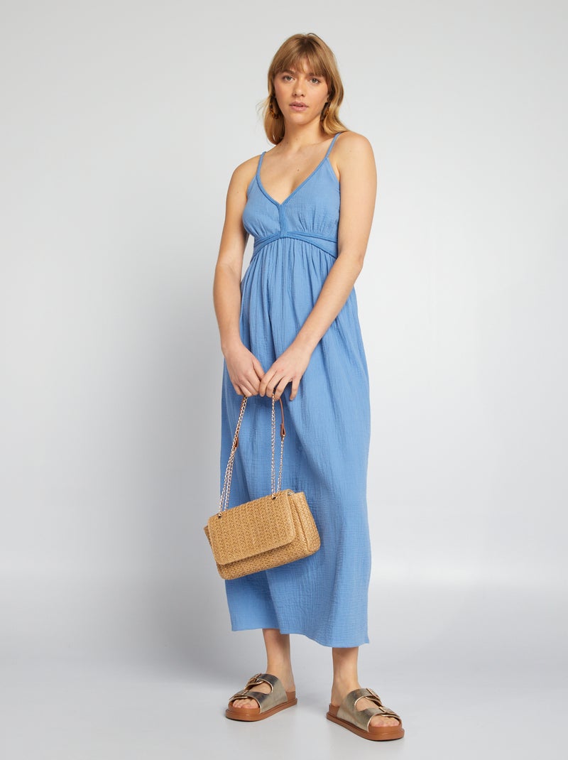 Lange jurk van katoengaas blauw - Kiabi