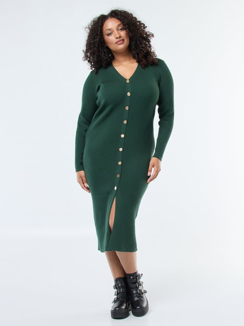 Lange jurk van ribstof met goudkleurige knopen - Kiabi