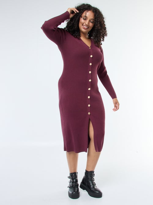 Lange jurk van ribstof met goudkleurige knopen - Kiabi