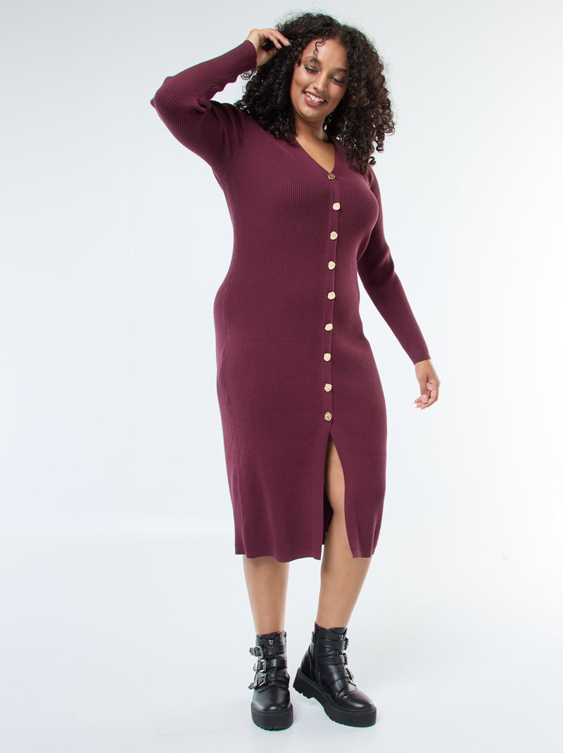 Lange jurk van ribstof met goudkleurige knopen Rood - Kiabi