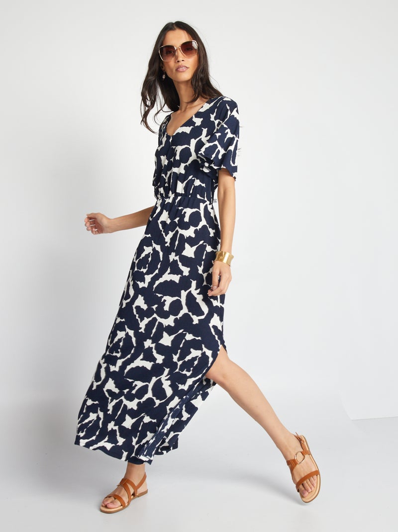 Lange jurk van wafelstof met print BLAUW - Kiabi