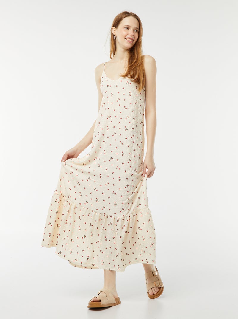 Lange jurk van wafelstof met spaghettibandjes BIEGE - Kiabi